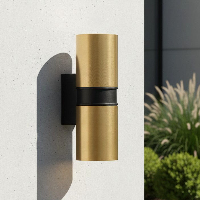 Brass and black cylindrical outdoor wall light
