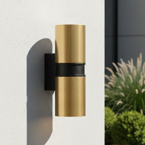 Brass and black cylindrical outdoor wall light