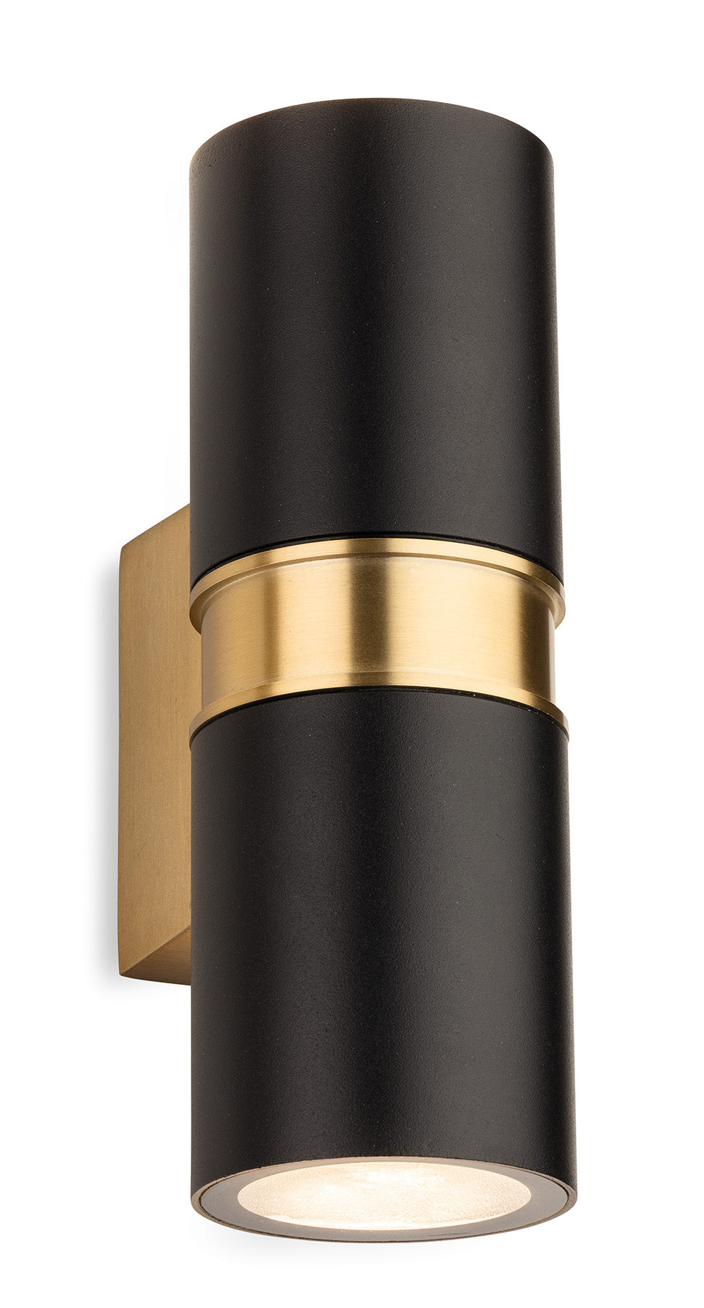Black and gold cylindrical outdoor wall light with light shining from the bottom