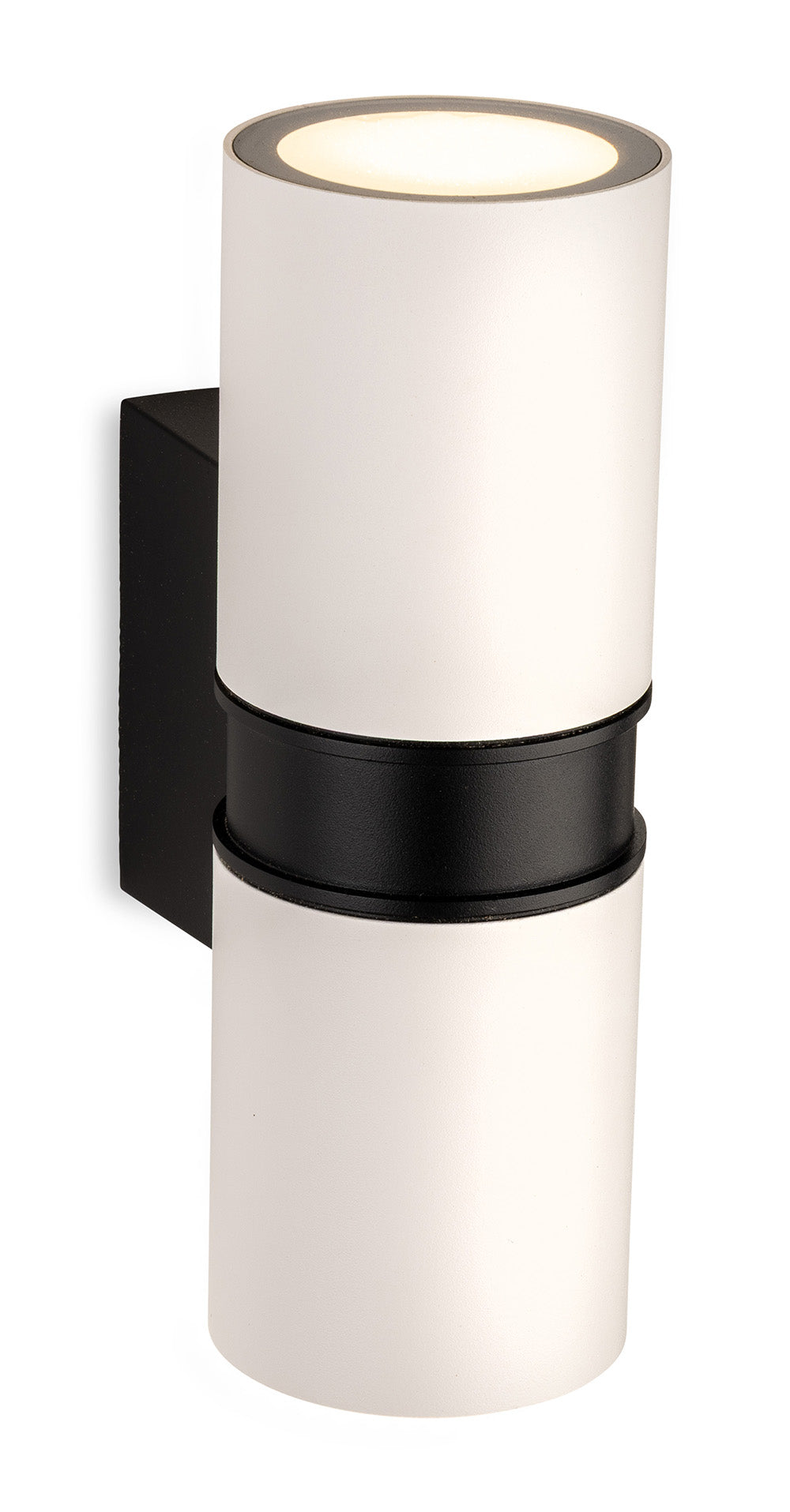 White cylindrical outdoor wall light with a black band and black mounting bracket