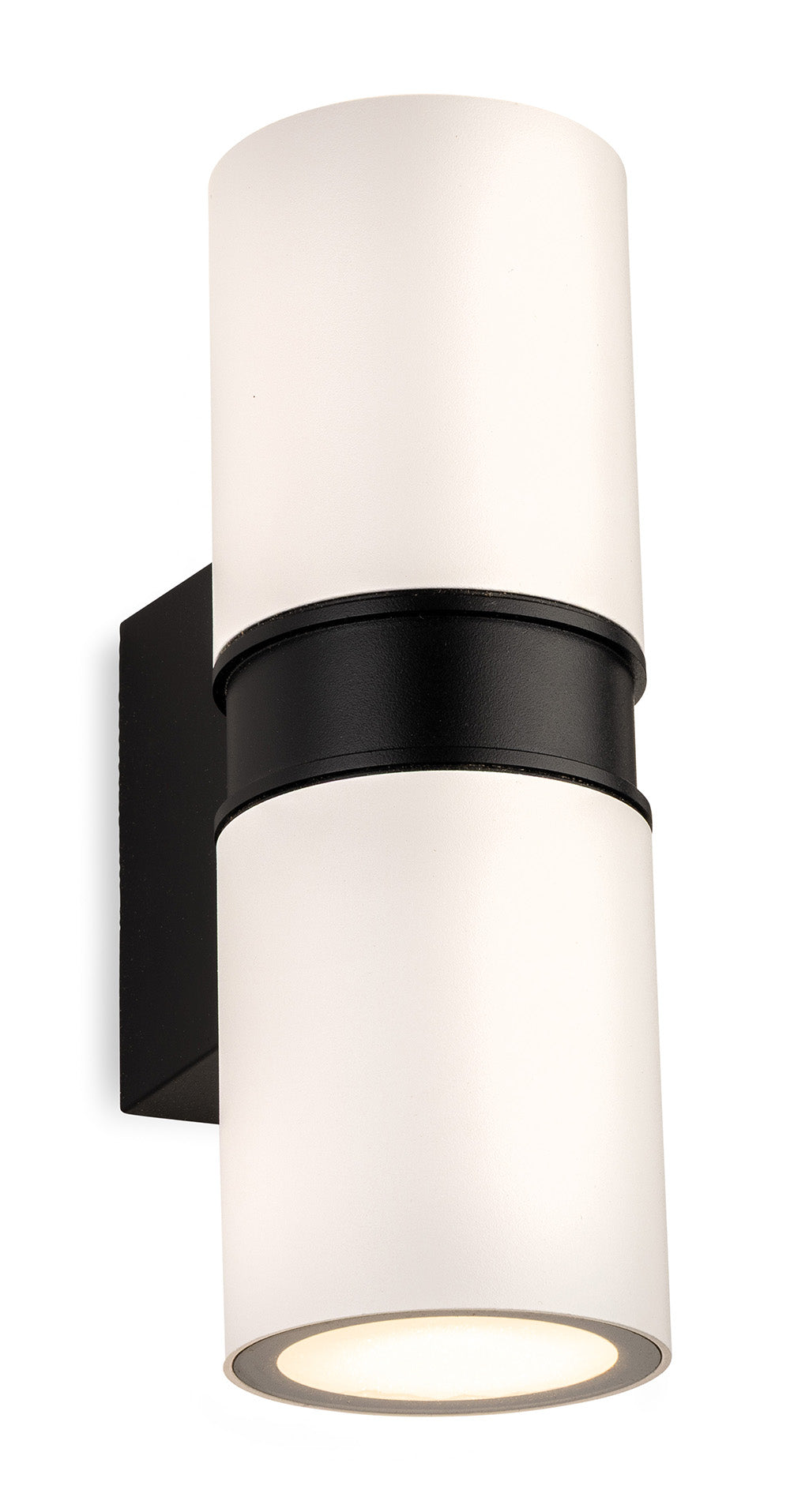 White cylindrical wall light with black band and base, emitting light from the bottom