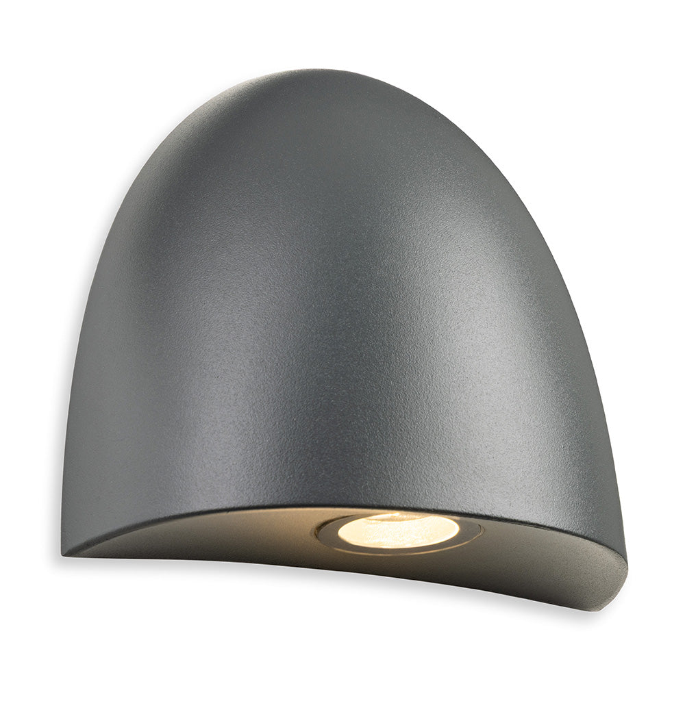 Grey curved outdoor wall light with a single downward-facing bulb