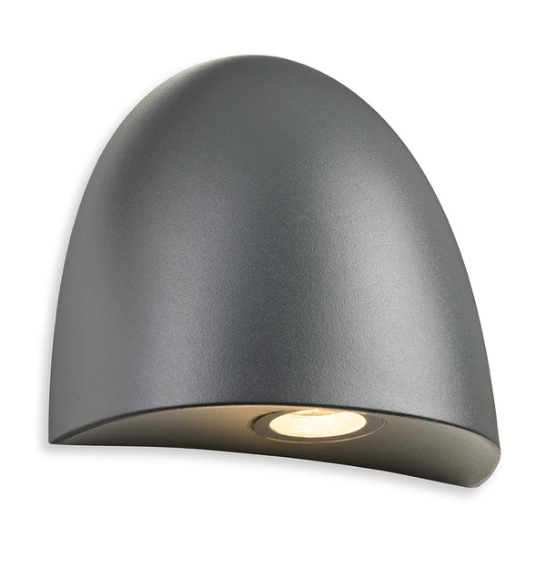 Grey curved outdoor wall light with a single downward-facing bulb