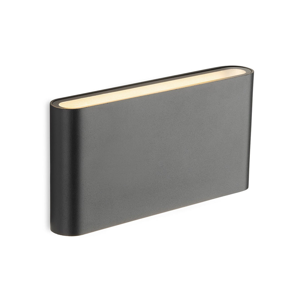 Rectangular dark grey wall light with rounded edges and a warm light strip on top
