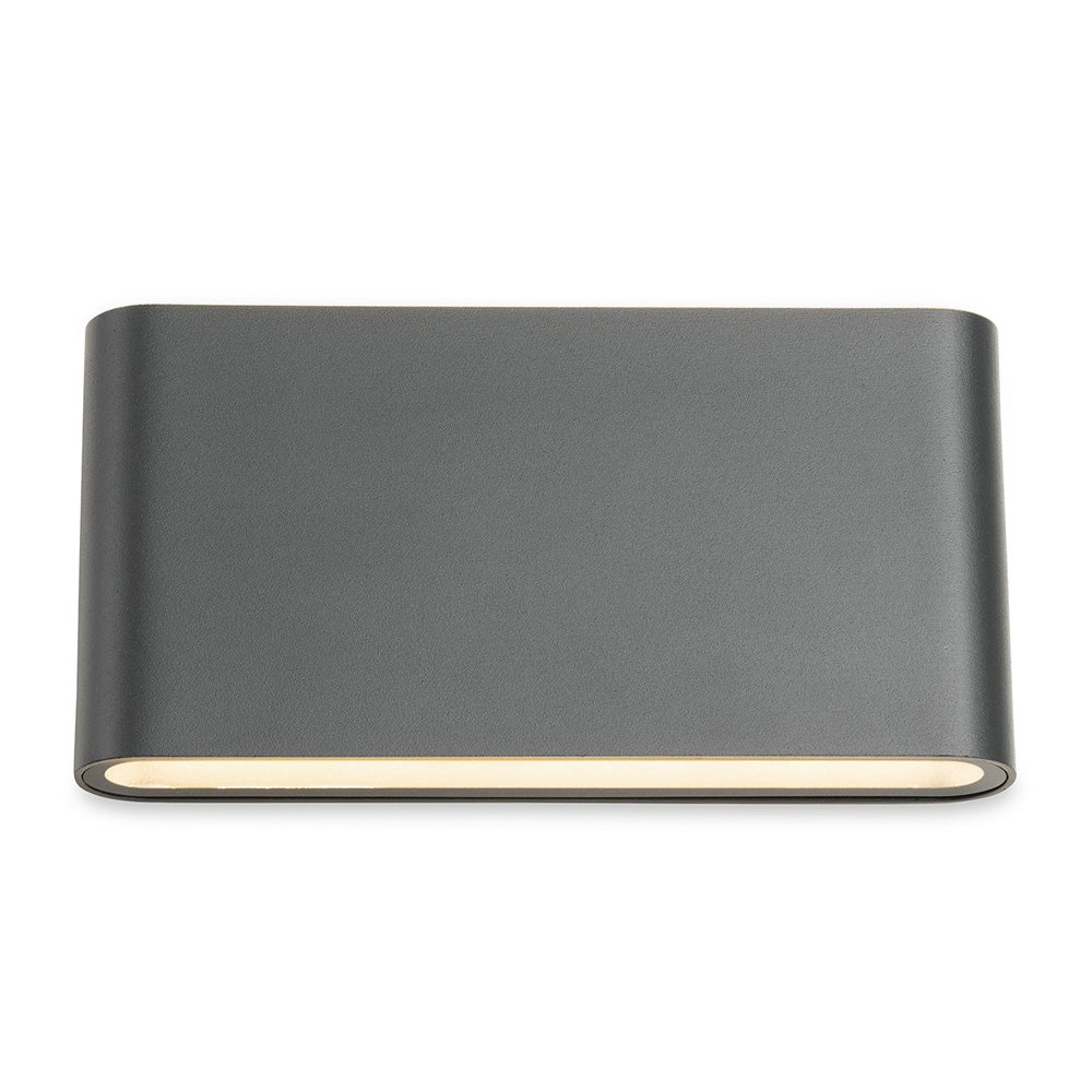 Grey rectangular outdoor wall light with a warm white glow