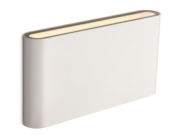White rectangular wall light with rounded edges and an illuminated top slot