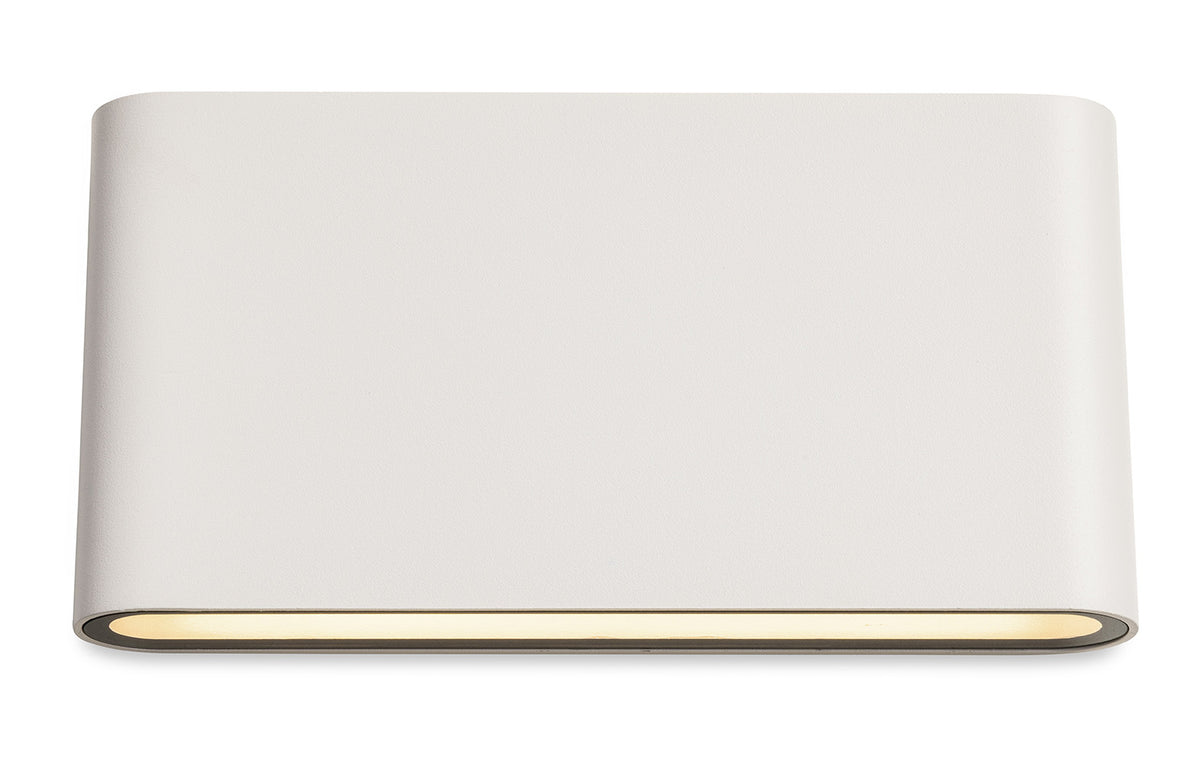 White rectangular wall light with rounded edges and a horizontal light strip at the bottom