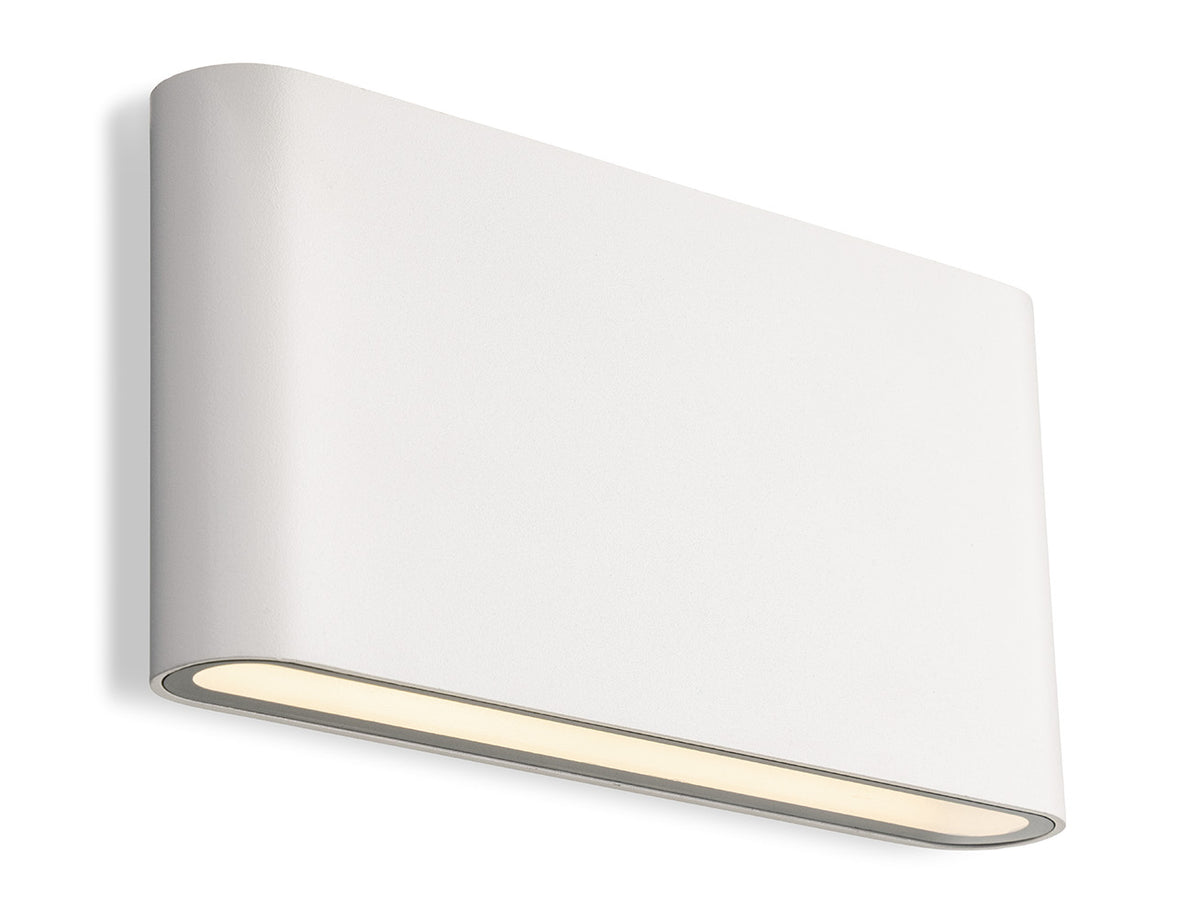 White rectangular wall light with rounded edges and a warm glow from the bottom