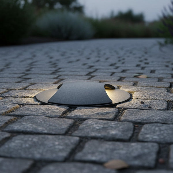 Black ground light illuminating a cobblestone path at dusk