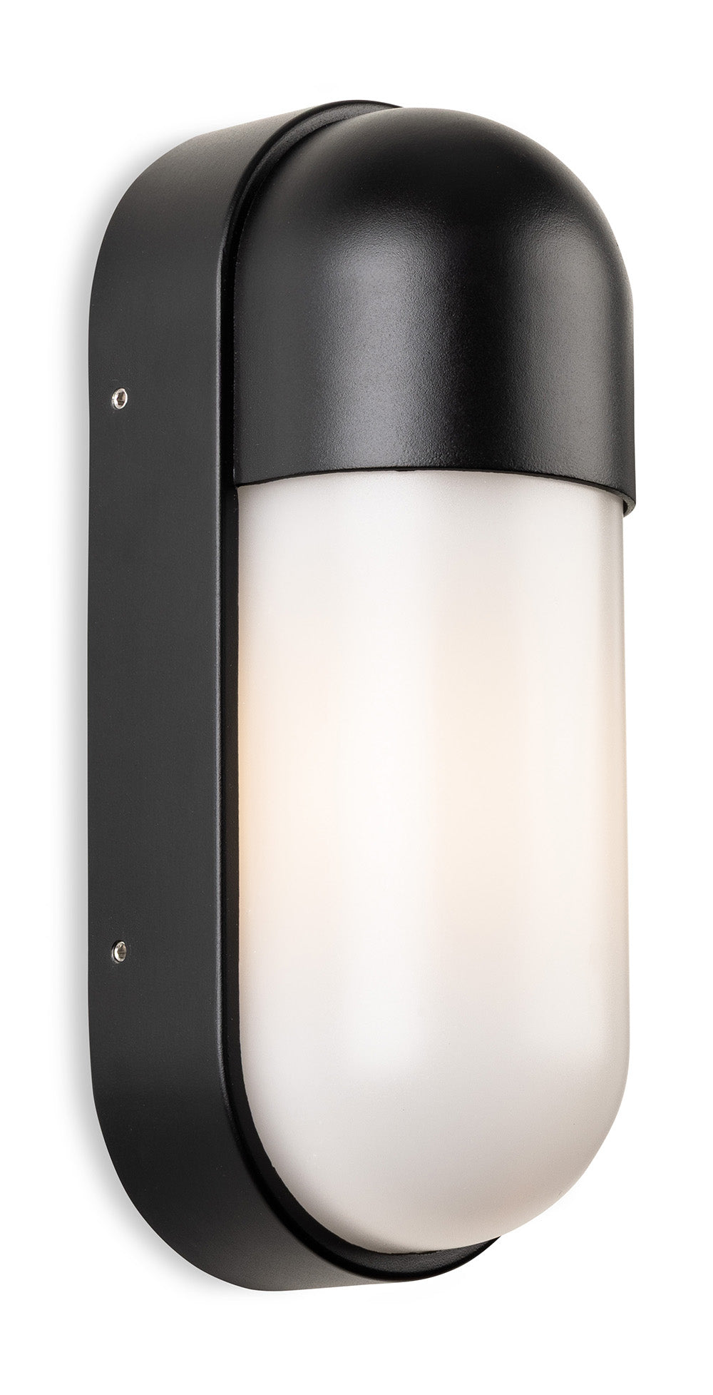 Black outdoor wall light with an opaque white diffuser