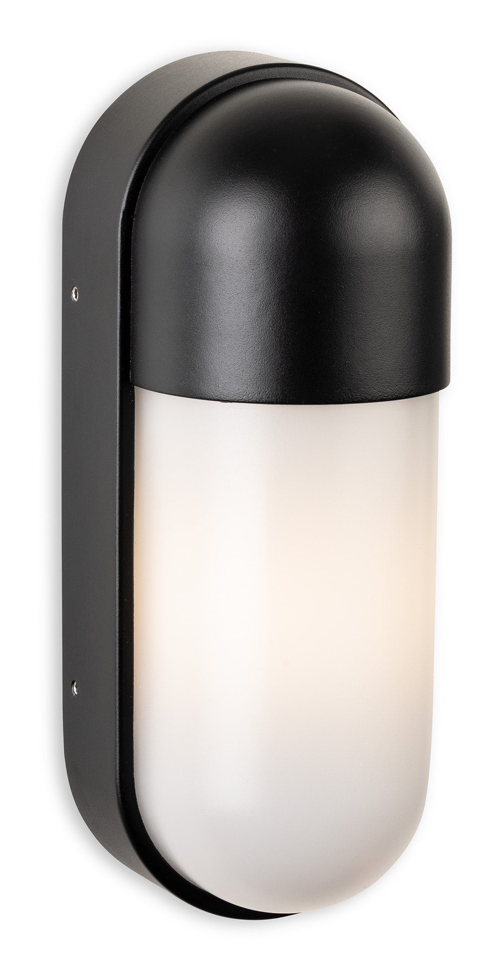 Black outdoor wall light with a frosted white diffuser