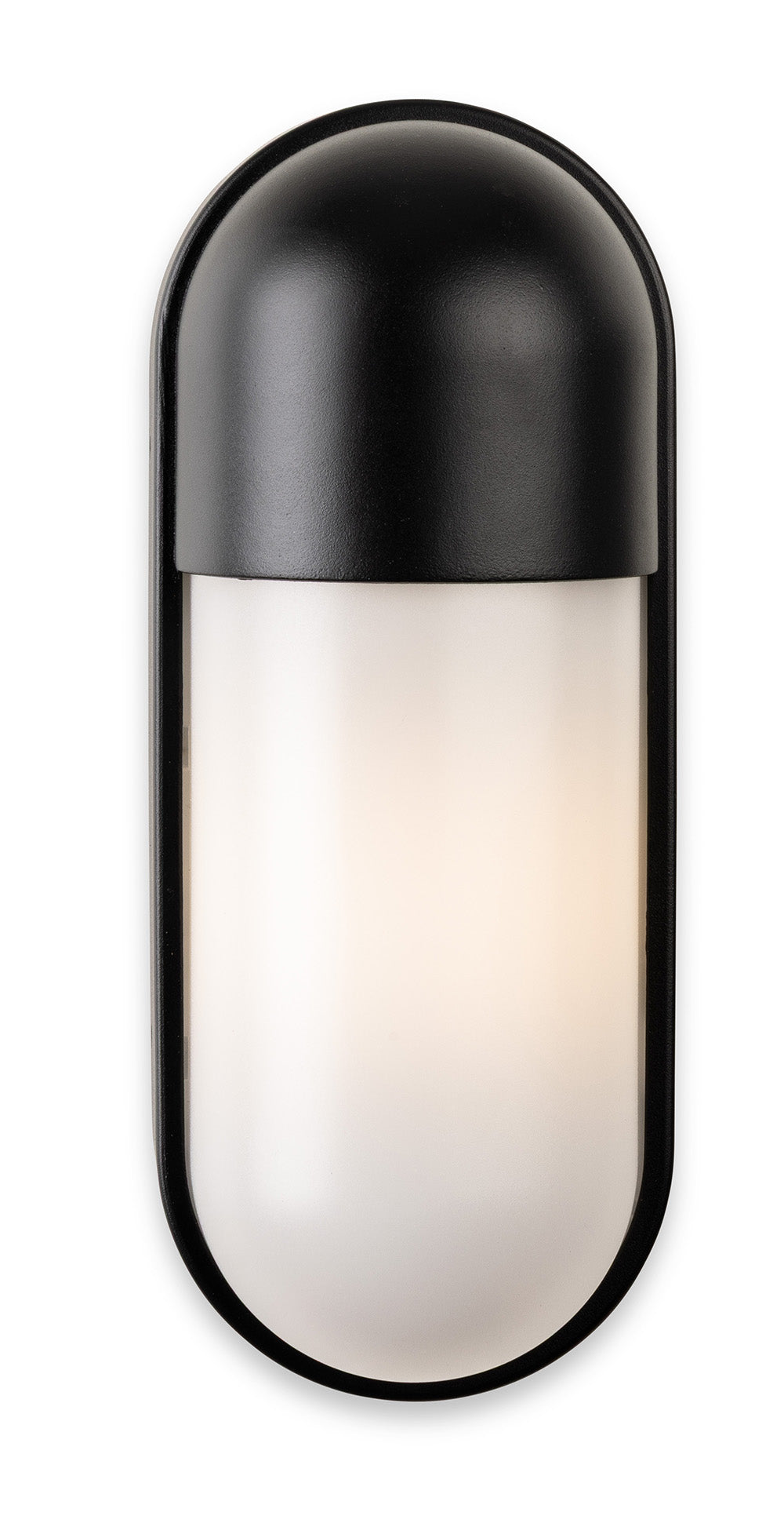 Black outdoor wall light with a rounded top and bottom, and a white frosted diffuser