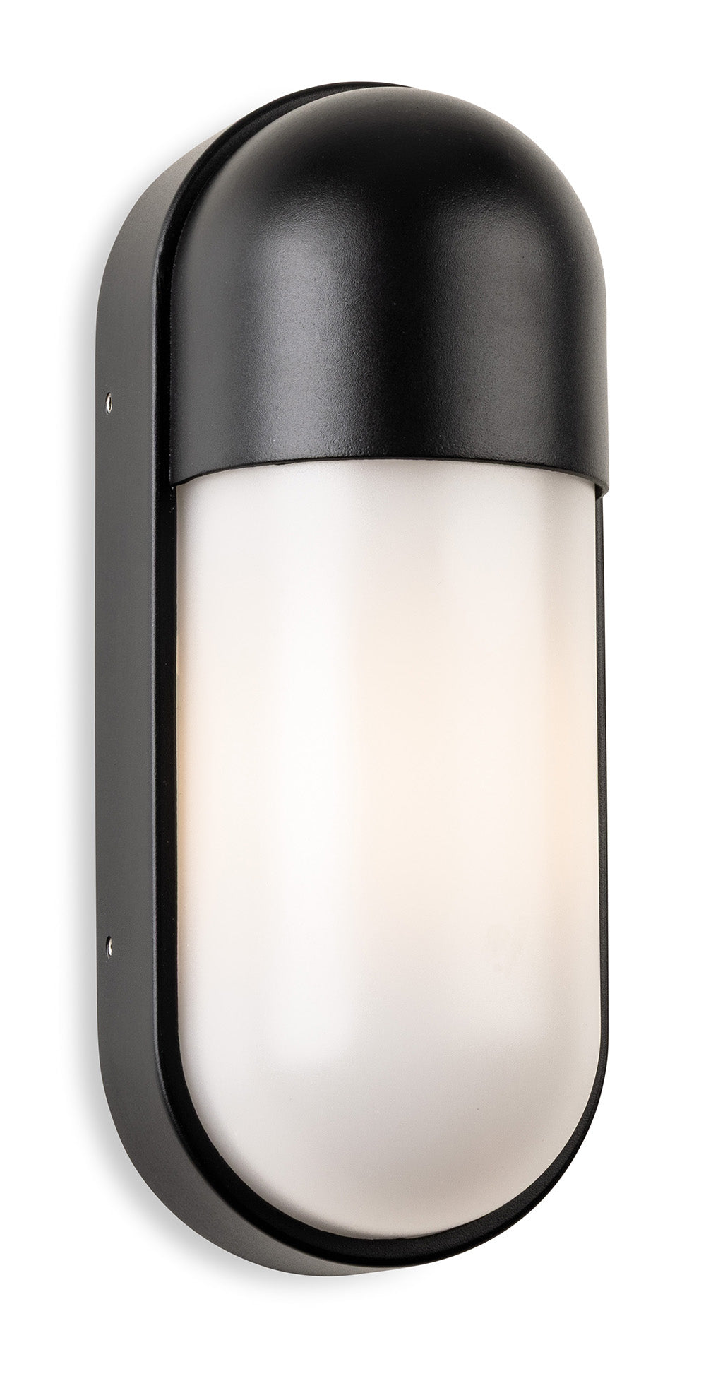 Black outdoor wall light with a rounded top and bottom, and a white frosted diffuser