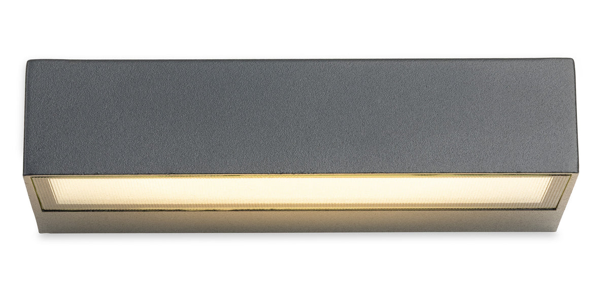 Rectangular outdoor wall light in dark grey with a warm white LED strip at the bottom