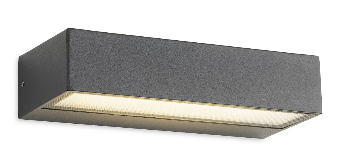 Rectangular grey outdoor wall light with a textured finish, emitting warm light from its bottom surface