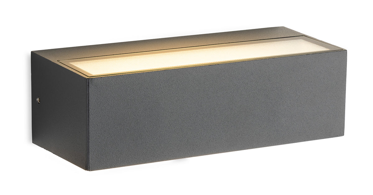 Rectangular dark grey outdoor wall light with an illuminated top panel