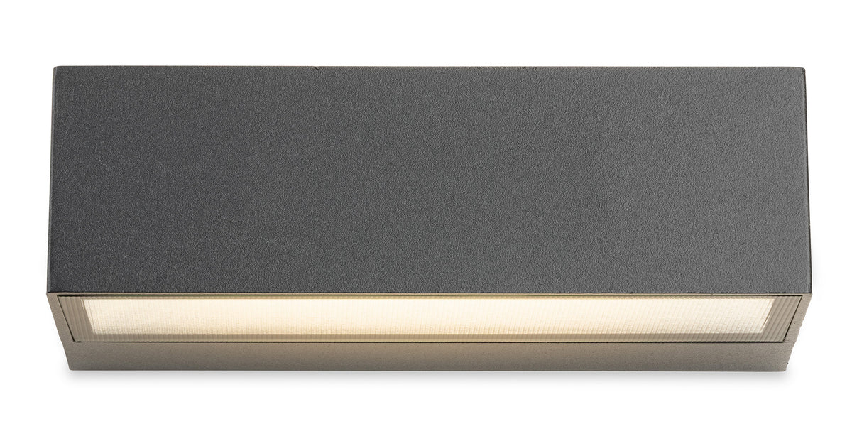 Rectangular dark grey outdoor wall light with a warm white LED strip at the bottom