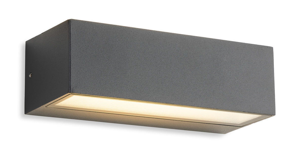 Rectangular dark grey outdoor wall light with a warm white LED strip at the bottom