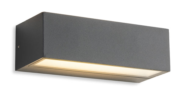 Rectangular dark grey outdoor wall light with a warm white LED strip at the bottom