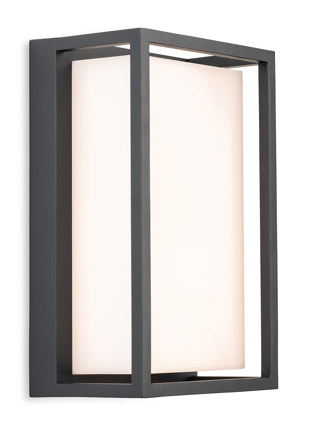 Rectangular outdoor wall light with dark grey frame and white diffuser
