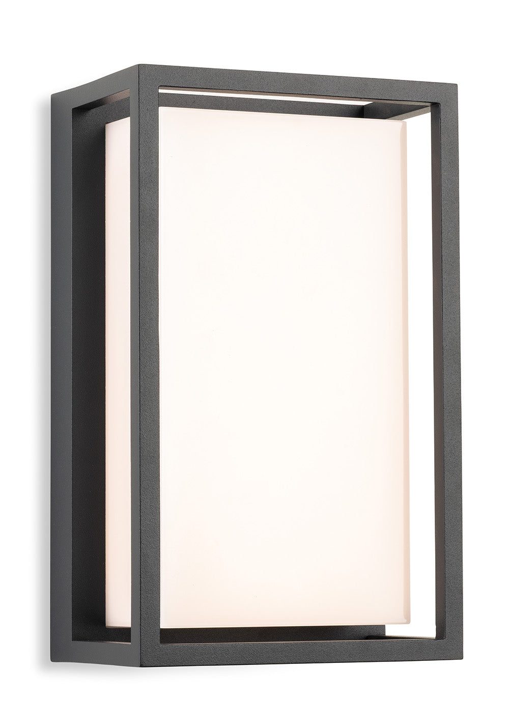Rectangular outdoor wall light with a dark grey frame and a white diffuser