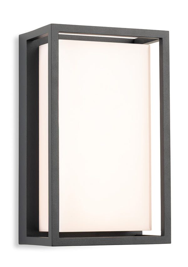 Rectangular outdoor wall light with a dark grey frame and a white diffuser