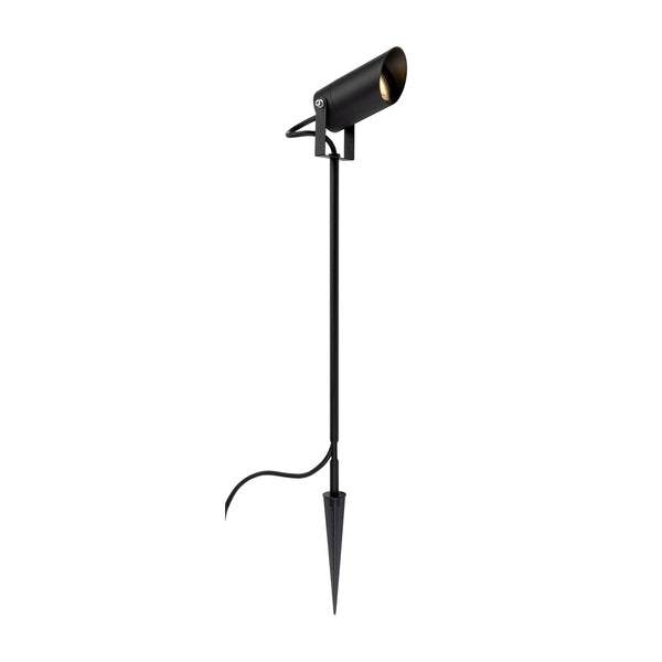 Black outdoor spotlight with a long stake and a visible light source