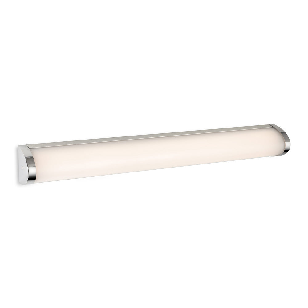 Long horizontal LED light fixture with a brushed chrome finish and a white diffuser