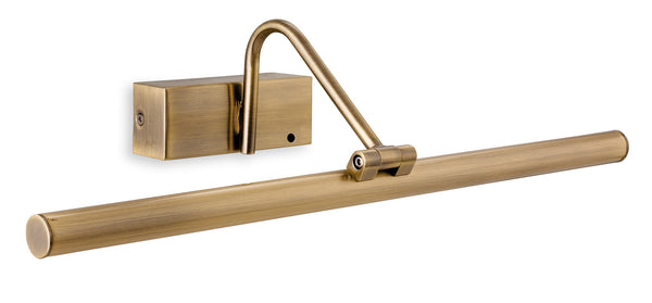 Antique brass picture light with a rectangular base and a curved arm holding a horizontal light bar