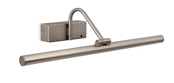 Brushed nickel picture light with a rectangular base and a curved arm holding a horizontal light bar