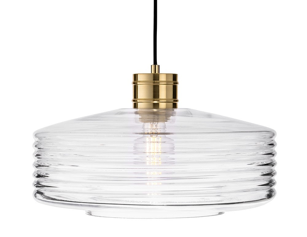 Clear ribbed glass pendant light with a brass fitting and black cord