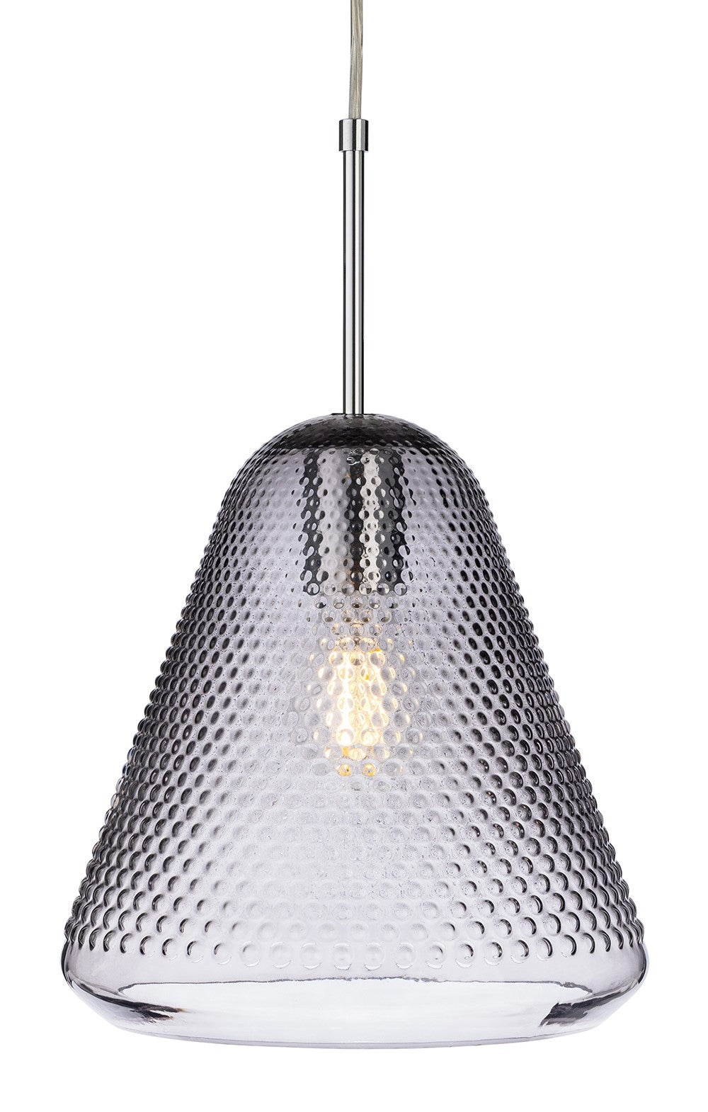 Textured glass pendant light with a chrome fixture and exposed bulb
