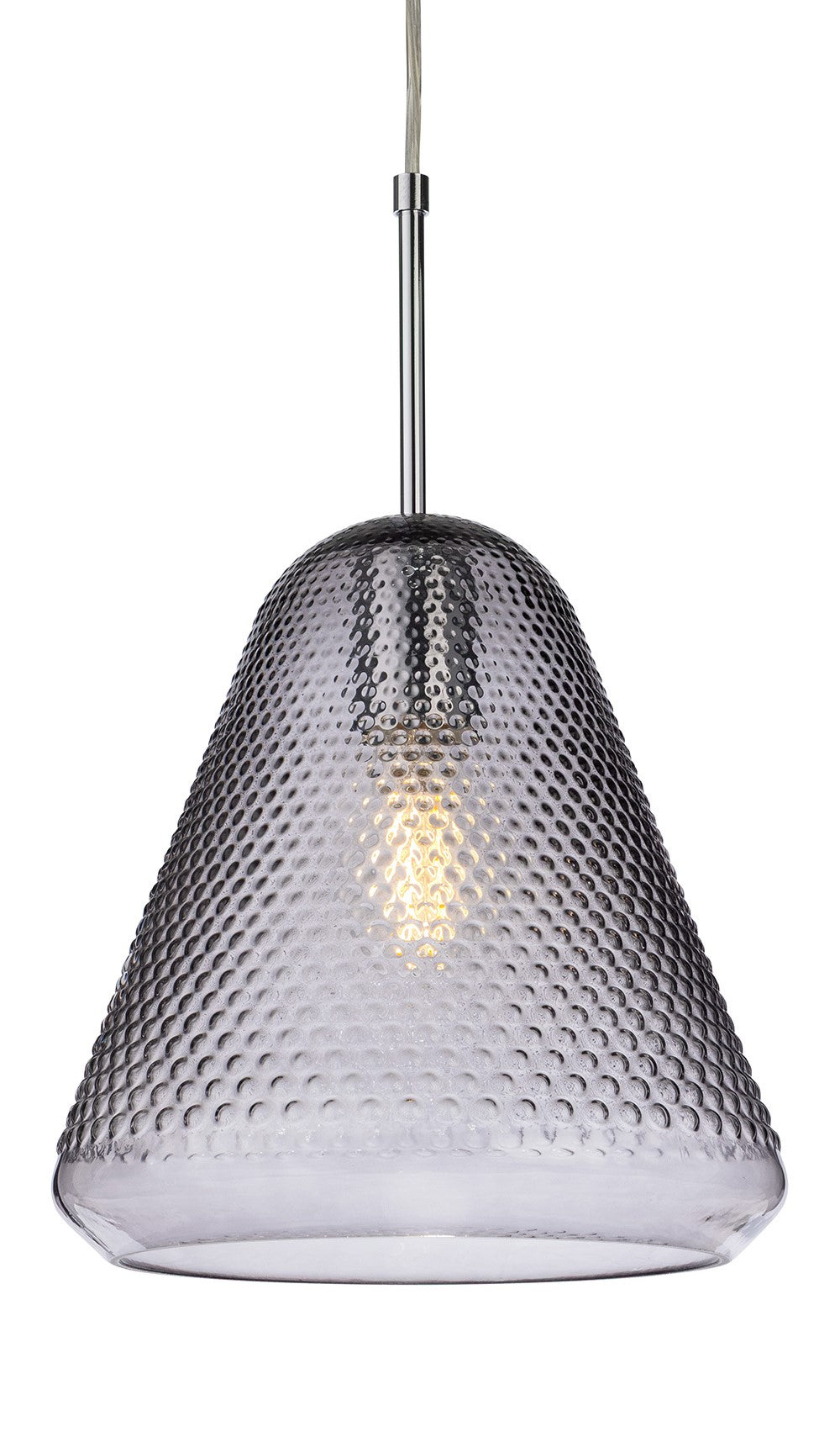 Textured glass pendant light with a chrome rod and exposed bulb
