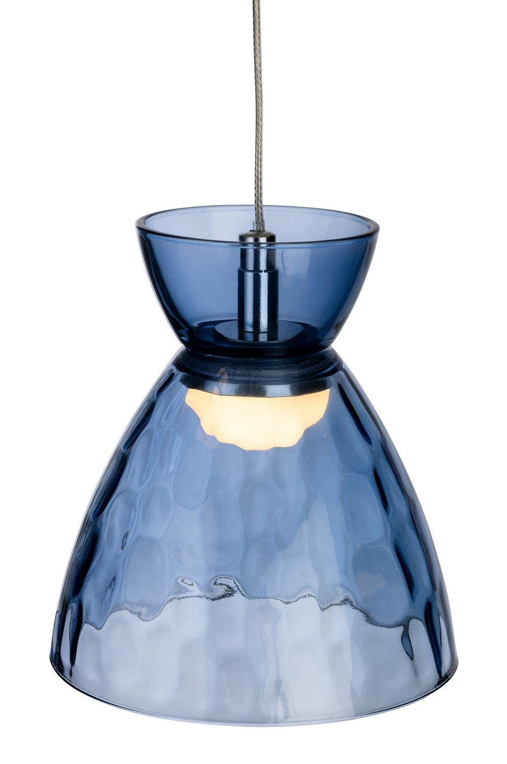 Blue glass pendant light with textured surface and a glowing bulb inside