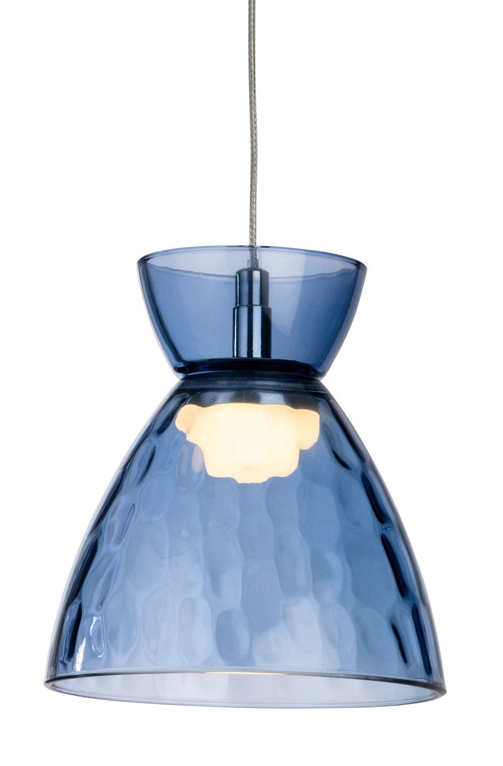 Blue glass pendant light with a textured, bell-shaped shade and a smaller bowl-shaped top