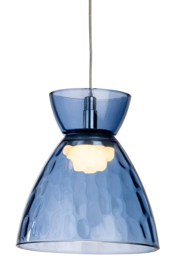 Blue glass pendant light with a textured, bell-shaped shade and a smaller bowl-shaped top