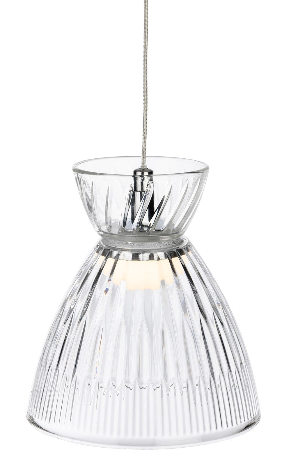 Clear glass pendant light with ribbed texture and chrome accents