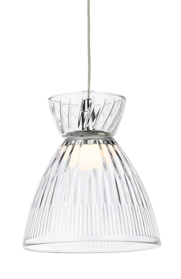 Clear fluted glass pendant light with a silver cord and fitting