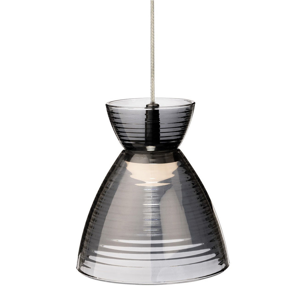Smoked glass pendant light with a ribbed, hourglass shape