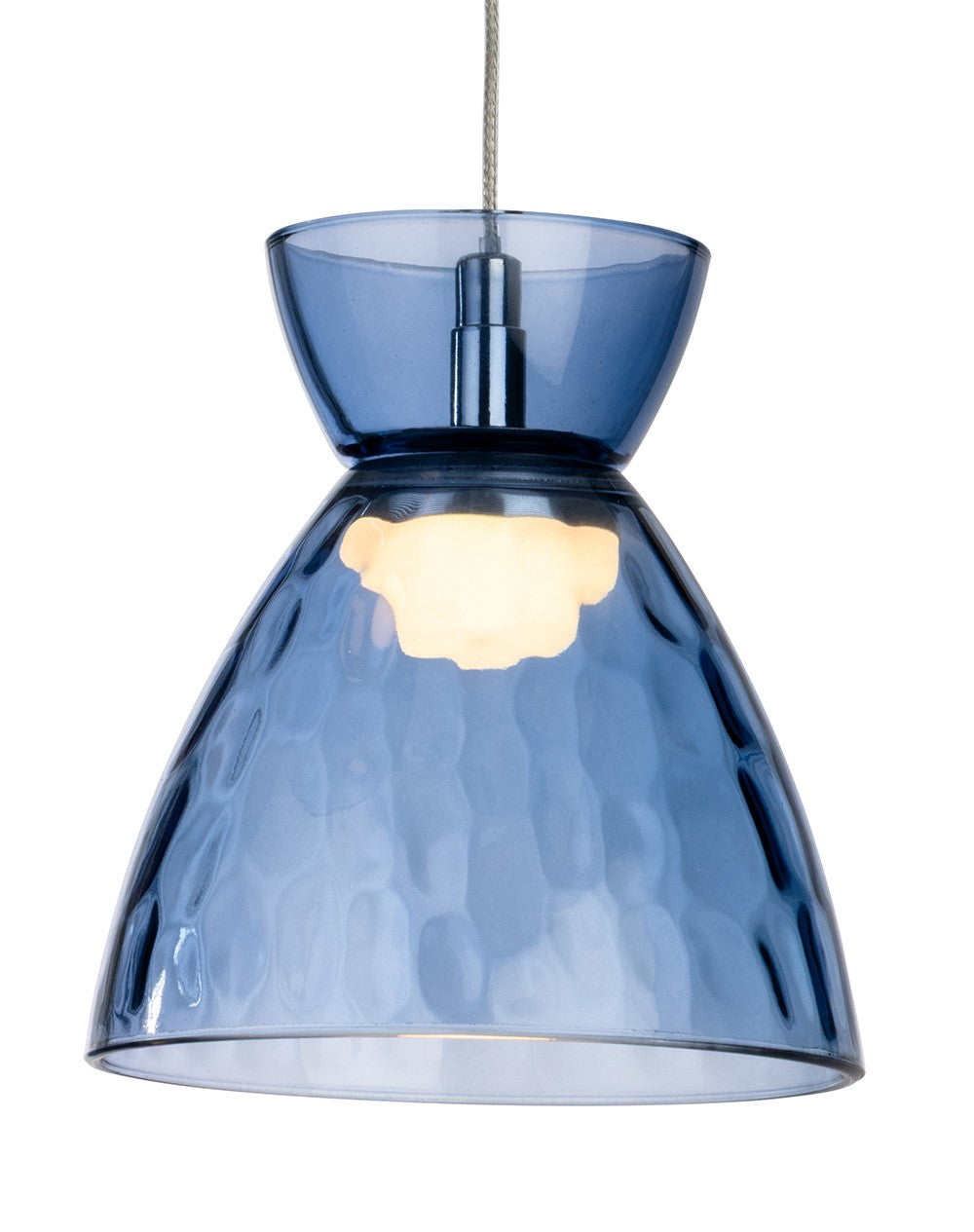 Blue glass pendant light with a textured surface and a bright bulb
