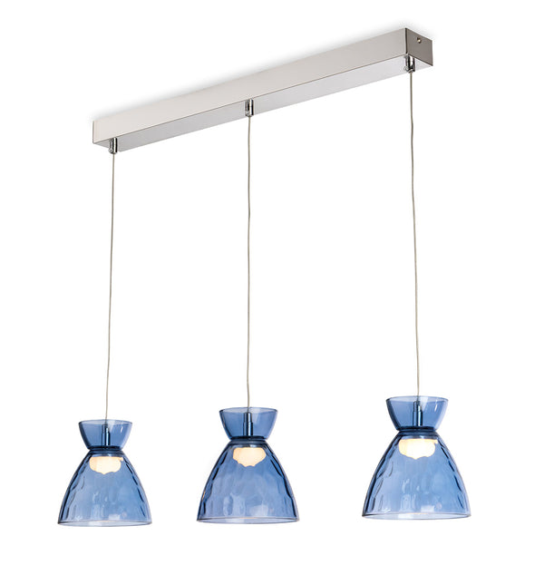 Three blue glass pendant lights hang from a silver bar