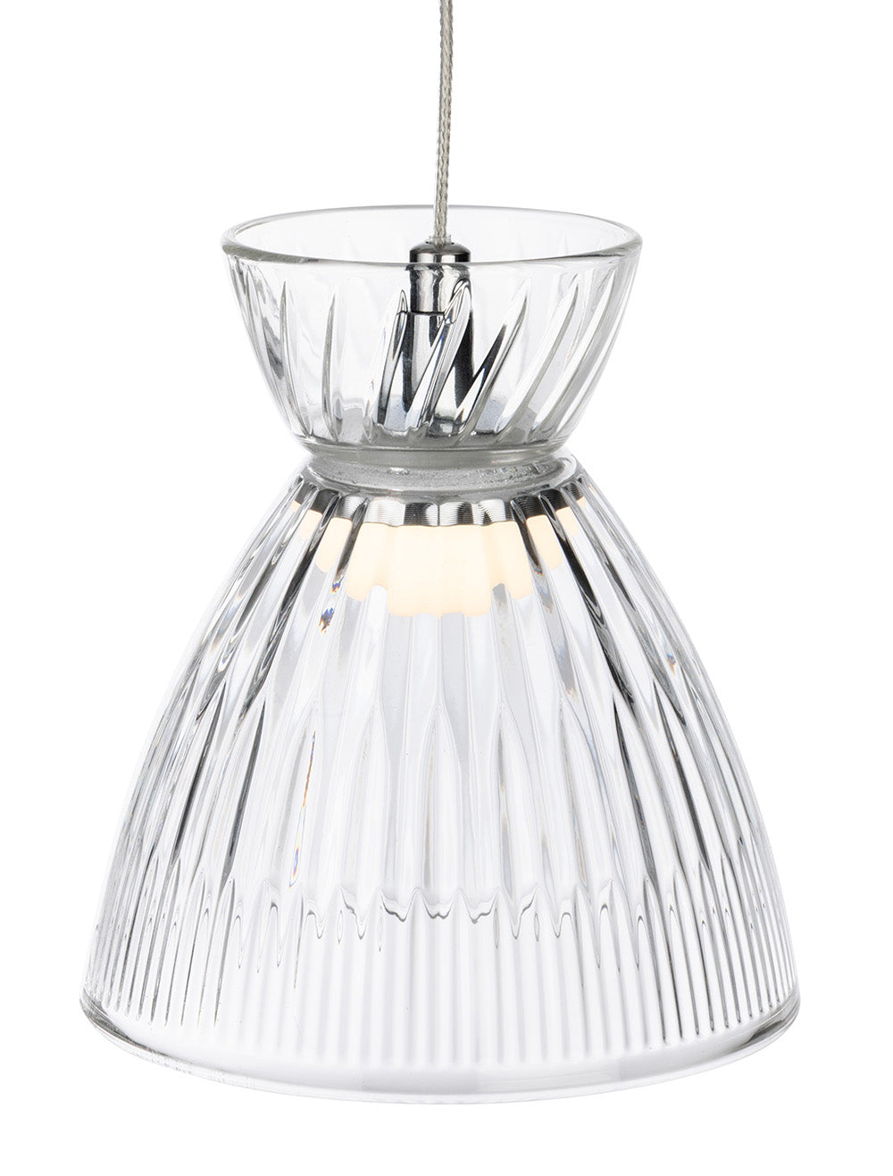 Clear glass pendant light with ribbed texture and silver hardware