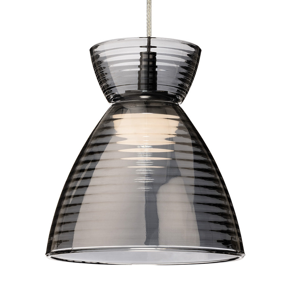 Smoked glass pendant light with a ribbed texture and a lightbulb visible inside