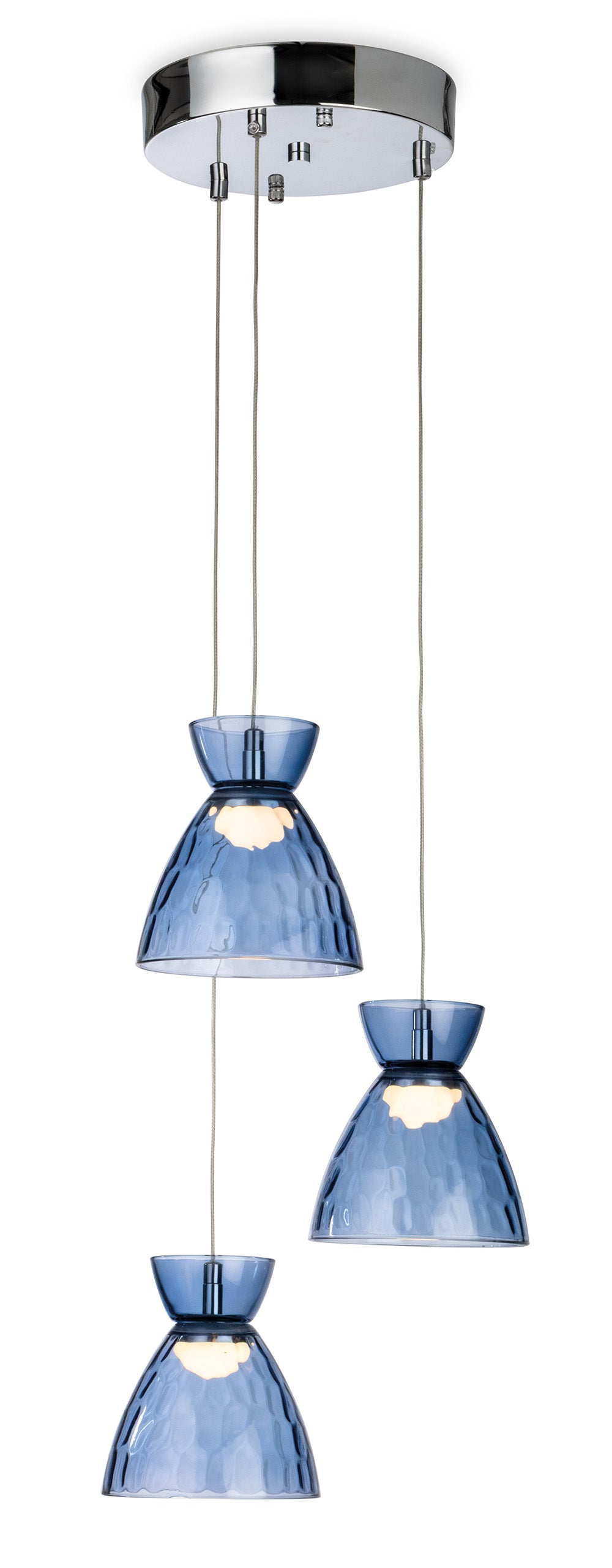 Three blue glass pendant lights with textured shades hang from a chrome ceiling plate