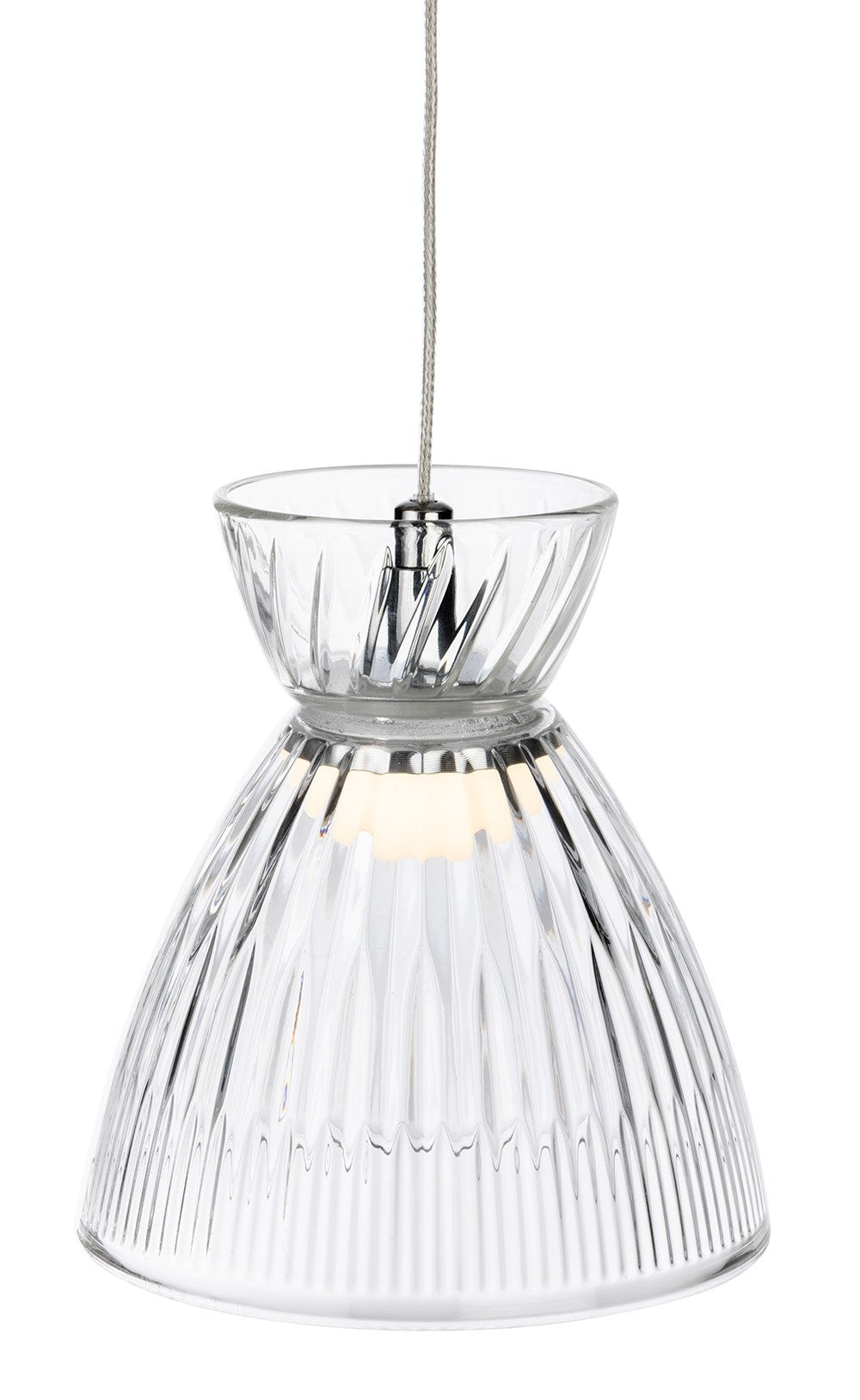 Clear glass pendant light with ribbed texture and silver hardware