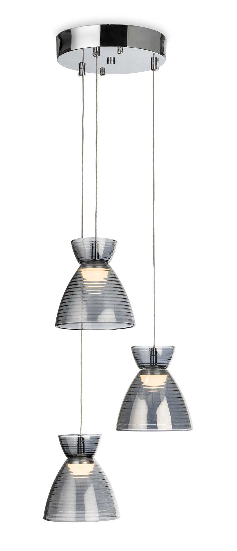 Three pendant lights with ribbed grey glass shades and a chrome ceiling plate
