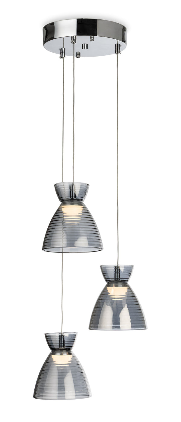Three pendant lights with ribbed grey glass shades and a chrome ceiling plate