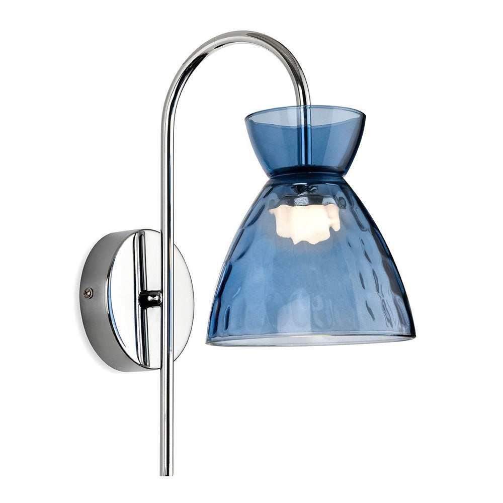 Blue glass wall light with chrome curved arm