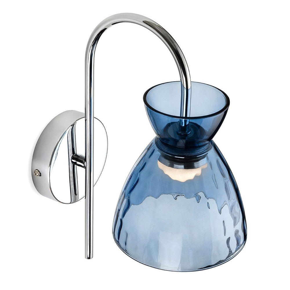 Blue glass wall light with a chrome curved arm and round base