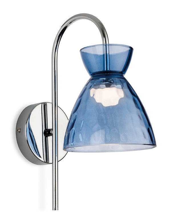 Blue glass wall light with chrome arm and base